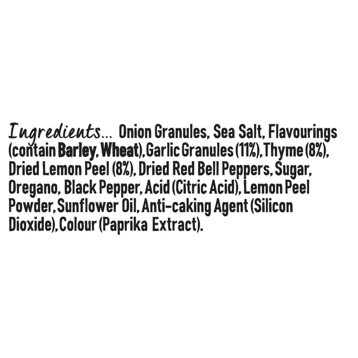 An ingredient list for Schwartz Lemon & Thyme Chicken Seasoning 43G featuring onion granules, sea salt, and flavourings with barley and wheat, plus garlic, thyme, and lemon peel.