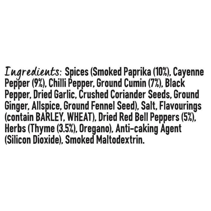 A detailed list of ingredients for Schwartz Smoky Cajun Seasoning 45G including spices like smoked paprika and cayenne pepper along with herbs and flavorings containing barley and wheat.