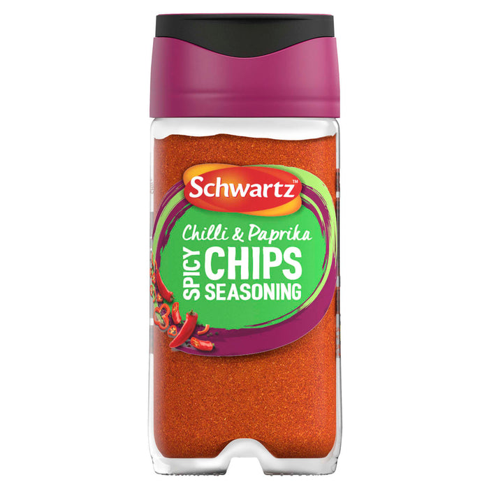 A clear glass jar of Schwartz Chilli & Paprika Spicy Chips Seasoning 47G featuring a vibrant green and purple label with illustrations of red chili peppers.