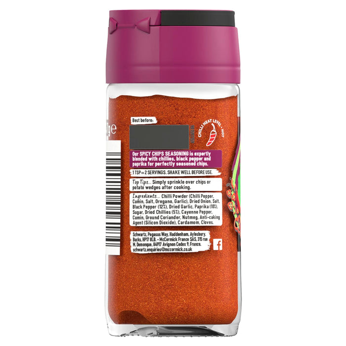 The back label of a jar of Schwartz Chilli & Paprika Spicy Chips Seasoning 47G displays the ingredients list and usage tips for this expert blend of chillies, black pepper, and paprika.