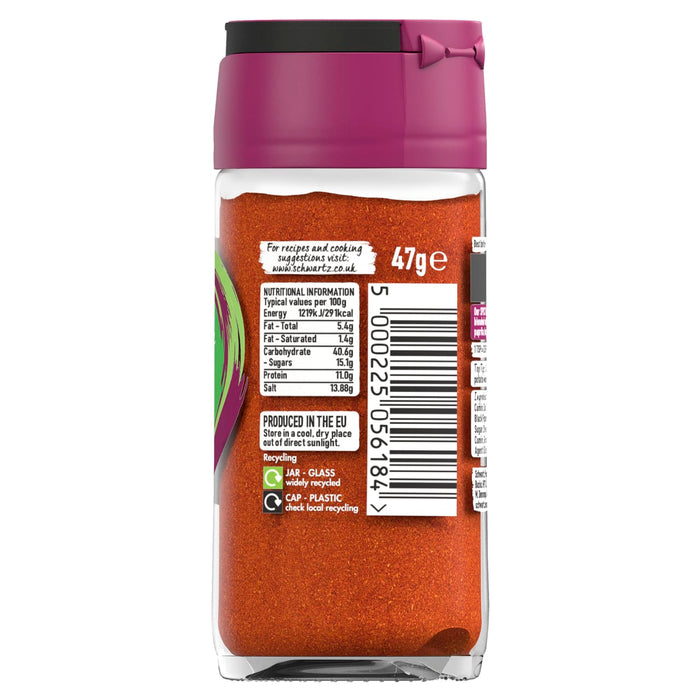 A back view of the Schwartz Chilli & Paprika Spicy Chips Seasoning 47G jar showing the nutritional information and recycling instructions on the label.