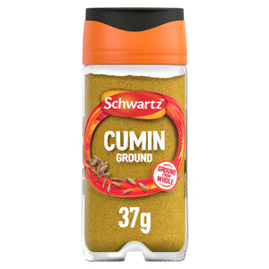 A clear glass jar of Schwartz Cumin Ground 37G is shown against a plain white background.