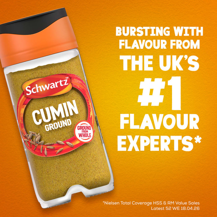 A jar of Schwartz Cumin Ground 37G is displayed on an orange background next to the text, Bursting with flavour from the UK's #1 flavour experts.