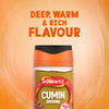 An advertisement for Schwartz Cumin Ground 37G shows the spice jar against a warm orange background with the words Deep, Warm & Rich Flavour above it.