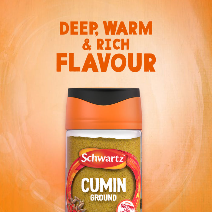An advertisement for Schwartz Cumin Ground 37G shows the spice jar against a warm orange background with the words Deep, Warm & Rich Flavour above it.