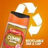A jar of Schwartz Cumin Ground 37G is shown against an orange background with a large recycling symbol to highlight that the jar and cap are recyclable.