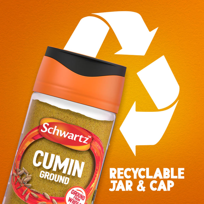 A jar of Schwartz Cumin Ground 37G is shown against an orange background with a large recycling symbol to highlight that the jar and cap are recyclable.