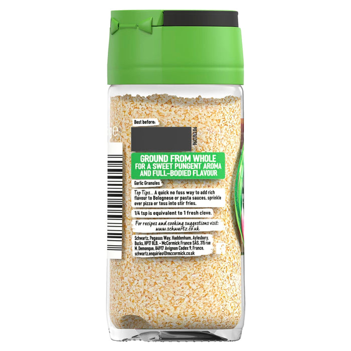 The back label on a clear glass jar of Schwartz Garlic Granules 50G provides cooking suggestions and company information.
