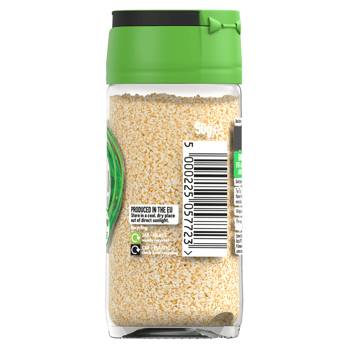 The back of a glass jar of Schwartz Garlic Granules 50G is shown against a black background, displaying the barcode and recycling information.