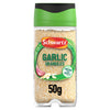 A clear plastic jar of Schwartz Garlic Granules 50G is shown against a white background, featuring a green and black lid.