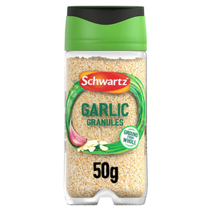 A clear plastic jar of Schwartz Garlic Granules 50G is shown against a white background, featuring a green and black lid.