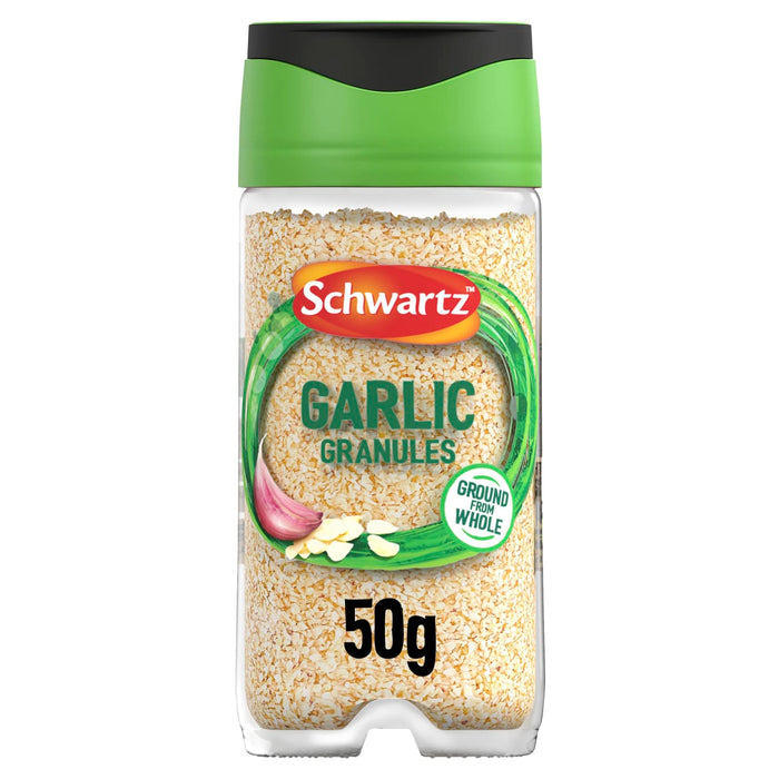 A clear plastic jar of Schwartz Garlic Granules 50G is shown against a white background, featuring a green and black lid.