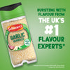 A jar of Schwartz Garlic Granules 50G is shown against a green background with text that reads, Bursting with flavour from the UK's #1 flavour experts.