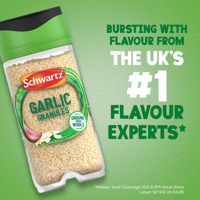 A jar of Schwartz Garlic Granules 50G is shown against a green background with text that reads, Bursting with flavour from the UK's #1 flavour experts.