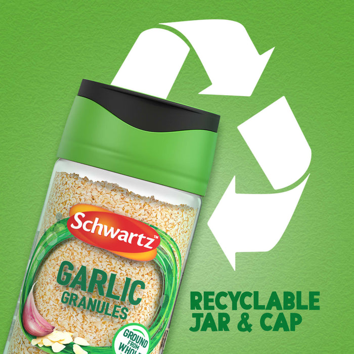 A jar of Schwartz Garlic Granules 50G is shown against a green background with a large recycling symbol to highlight its recyclable jar and cap.