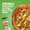 A jar of Schwartz Garlic Granules 50G is displayed next to a freshly made pizza, suggesting it can be sprinkled over pizza or used in stir-fries.