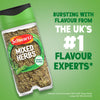 A bottle of Schwartz Mixed Herbs 11G is displayed against a green background alongside text identifying the brand as the UK number one flavour experts.