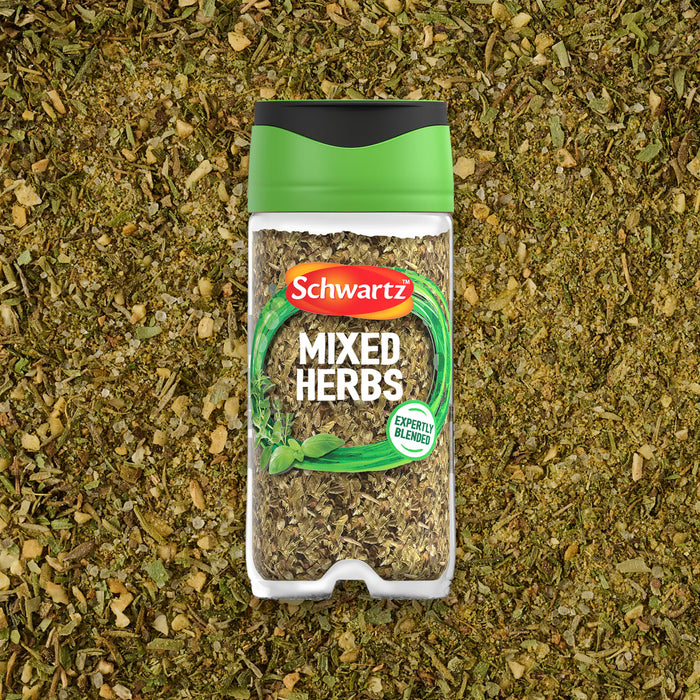 A jar of Schwartz Mixed Herbs 11G is centered against a background of the same dried green herb blend.