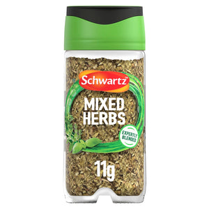 A clear plastic jar of Schwartz Mixed Herbs 11G is shown against a white background, featuring a green and black lid.