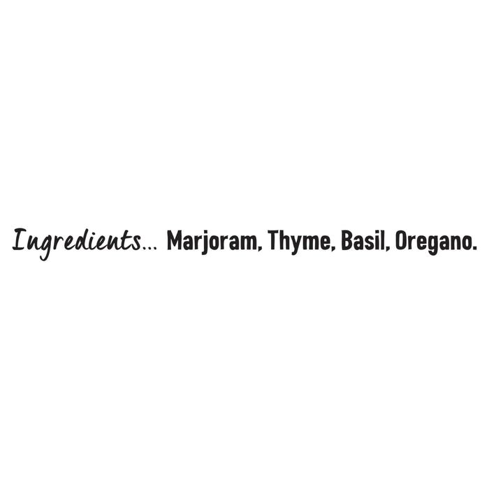 The ingredients for Schwartz Mixed Herbs 11G are listed in black text as marjoram, thyme, basil, and oregano.