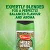 A jar of Schwartz Mixed Herbs 11G is displayed against a textured green background with text stating it is expertly blended for a perfectly balanced flavour and aroma.