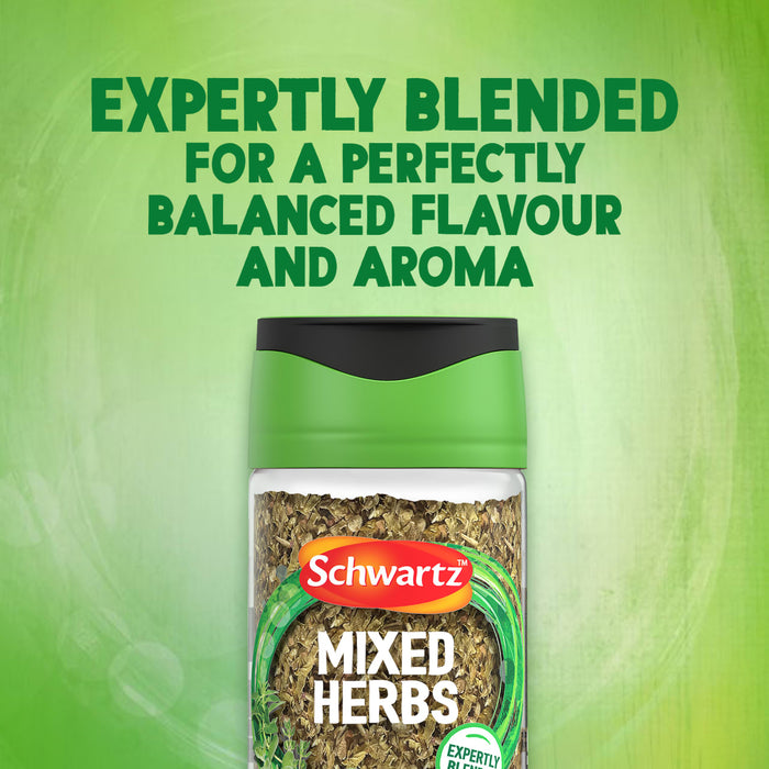 A jar of Schwartz Mixed Herbs 11G is displayed against a textured green background with text stating it is expertly blended for a perfectly balanced flavour and aroma.