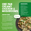 An infographic for a one pan creamy chicken and mushrooms recipe featuring Schwartz Mixed Herbs 11G as a key seasoning ingredient.