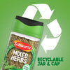 A graphic highlighting that the Schwartz Mixed Herbs 11G comes in a recyclable jar and cap as indicated by the large white recycling symbol in the background.