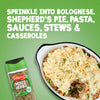 A bottle of Schwartz Mixed Herbs 11G is displayed next to a freshly baked shepherd pie to show how it can be used in various savory dishes like bolognese and stews.