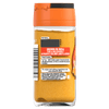 The back of a glass jar of Schwartz Ground Turmeric 37G, detailing its Indian origin, cooking tips for marinades and curries, and company contact information.
