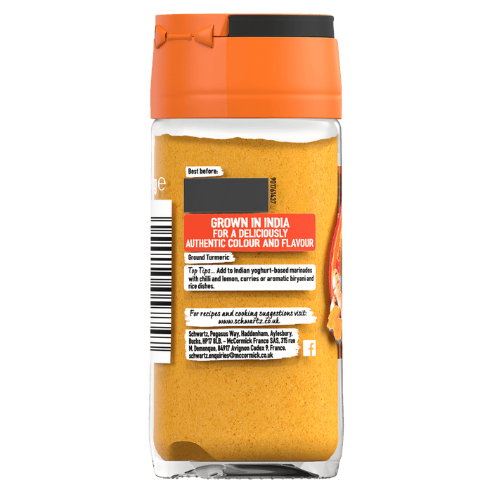 The back of a glass jar of Schwartz Ground Turmeric 37G, detailing its Indian origin, cooking tips for marinades and curries, and company contact information.