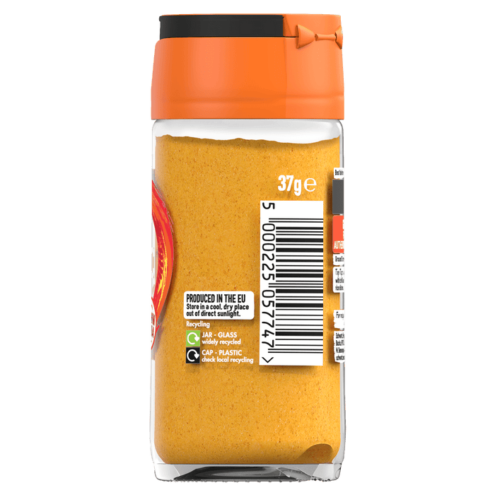 The back of a glass jar of Schwartz Ground Turmeric 37G is displayed, showing the barcode, weight, and recycling information for the glass jar and plastic cap.