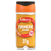 A clear glass jar of Schwartz Turmeric Ground 37G is shown against a white background, with an orange and black lid and a label featuring an image of turmeric root.