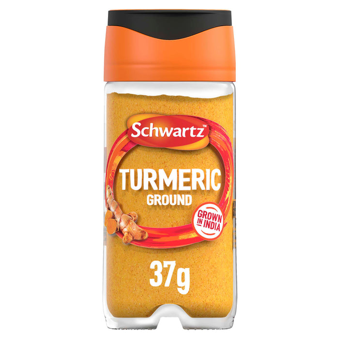 A clear glass jar of Schwartz Turmeric Ground 37G is shown against a white background, with an orange and black lid and a label featuring an image of turmeric root.