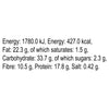A nutritional information label for Schwartz Turmeric Ground 37G listing 427 calories and 17.8 grams of protein per 100 grams.