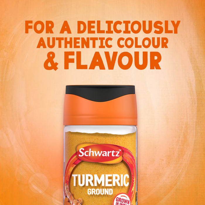 An advertisement for Schwartz Turmeric Ground 37G shows the jar against an orange background with text that reads, For a deliciously authentic colour & flavour.