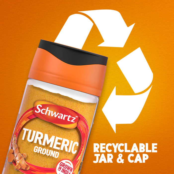 A jar of Schwartz Turmeric Ground 37G is shown against an orange background with a large recycling symbol to highlight its recyclable jar and cap.