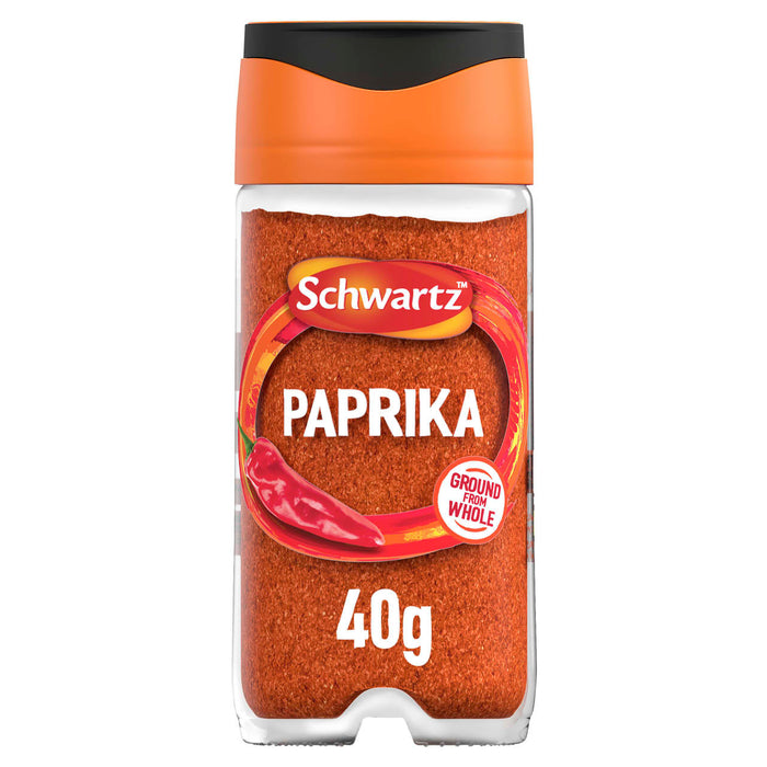 A clear glass jar of Schwartz Paprika 40G is shown against a white background.