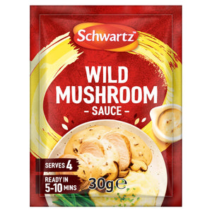 A packet of Schwartz Wild Mushroom Sauce Mix 30G featuring a serving suggestion of creamy sauce over sliced chicken and mashed potatoes.