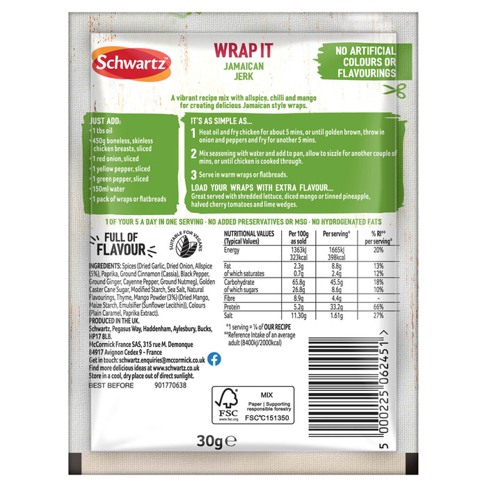 The back of a package for Schwartz Wrap It Jamaican Jerk 30G provides detailed cooking instructions, a full list of ingredients, and a nutritional information table.