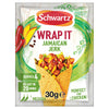 A 30g packet of Schwartz Wrap It Jamaican Jerk seasoning mix featuring a vibrant illustration of a filled wrap alongside fresh mango slices and red chili peppers.