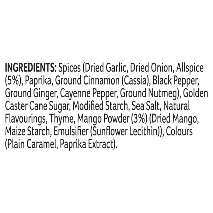 A detailed list of ingredients for Schwartz Wrap It Jamaican Jerk 30G including spices like dried garlic and onion, allspice, paprika, and mango powder.