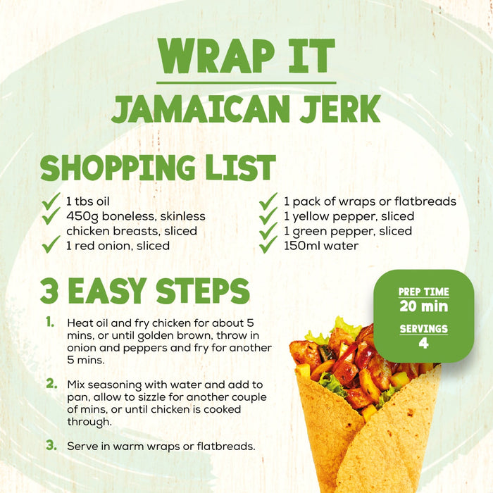 This infographic provides a shopping list and three easy steps to prepare a meal using Schwartz Wrap It Jamaican Jerk 30G, featuring a photo of a finished wrap filled with seasoned chicken and peppers.