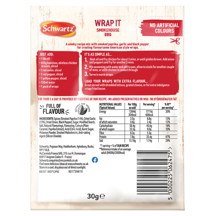 The back of a package of Schwartz Wrap It Smokehouse Bbq Seasoning Mix 30G provides cooking instructions, a list of ingredients, and a nutritional values table.