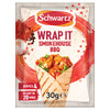 A 30g sachet of Schwartz Wrap It Smokehouse Bbq Seasoning Mix 30G featuring a vibrant illustration of a filled tortilla wrap alongside garlic and peppercorns.