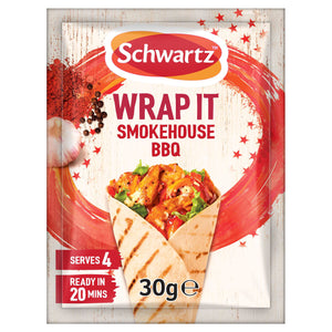 A 30g sachet of Schwartz Wrap It Smokehouse Bbq Seasoning Mix 30G featuring a vibrant illustration of a filled tortilla wrap alongside garlic and peppercorns.
