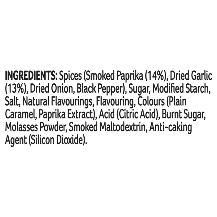 A detailed list of ingredients for Schwartz Wrap It Smokehouse Bbq Seasoning Mix 30G including smoked paprika, dried garlic, and various spices.