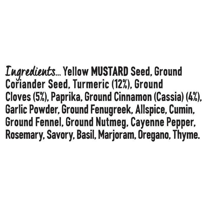 A list of ingredients for Schwartz Ras El Hanout 38G including yellow mustard seed, ground coriander seed, turmeric, ground cloves, paprika, ground cinnamon, garlic powder, ground fenugreek, allspice, cumin, ground fennel, ground nutmeg, cayenne pepper, rosemary, savory, basil, marjoram, oregano, and thyme.