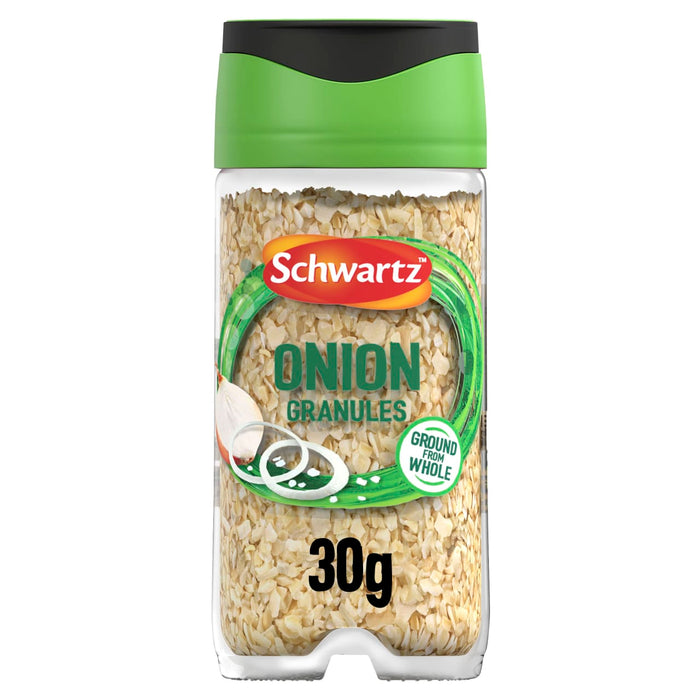 A clear plastic jar of Schwartz Onion Granules 30G is displayed against a plain white background, showing the onion granules inside.