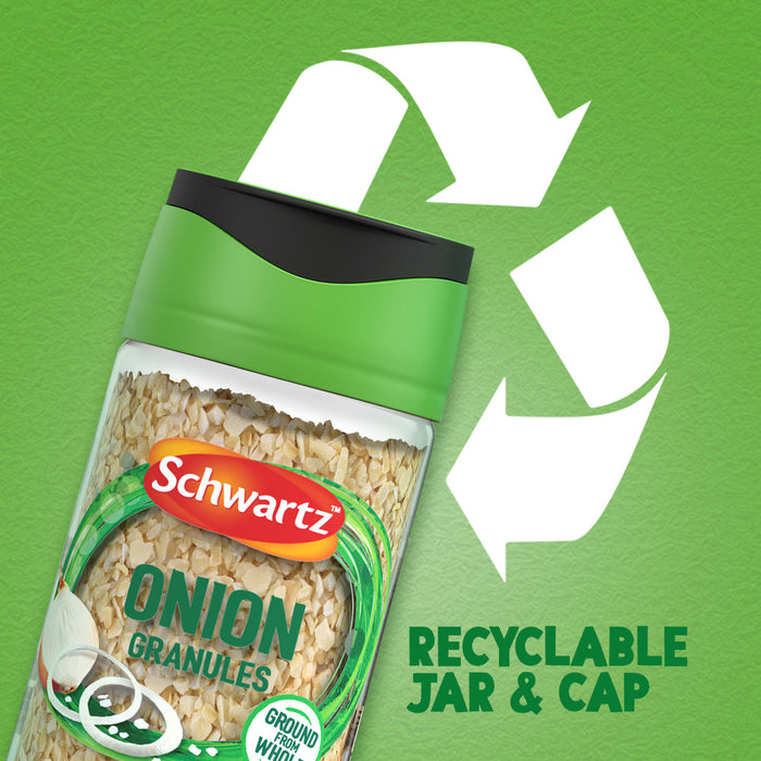 A jar of Schwartz Onion Granules 30G is shown against a green background with a large recycling symbol to highlight its recyclable jar and cap.